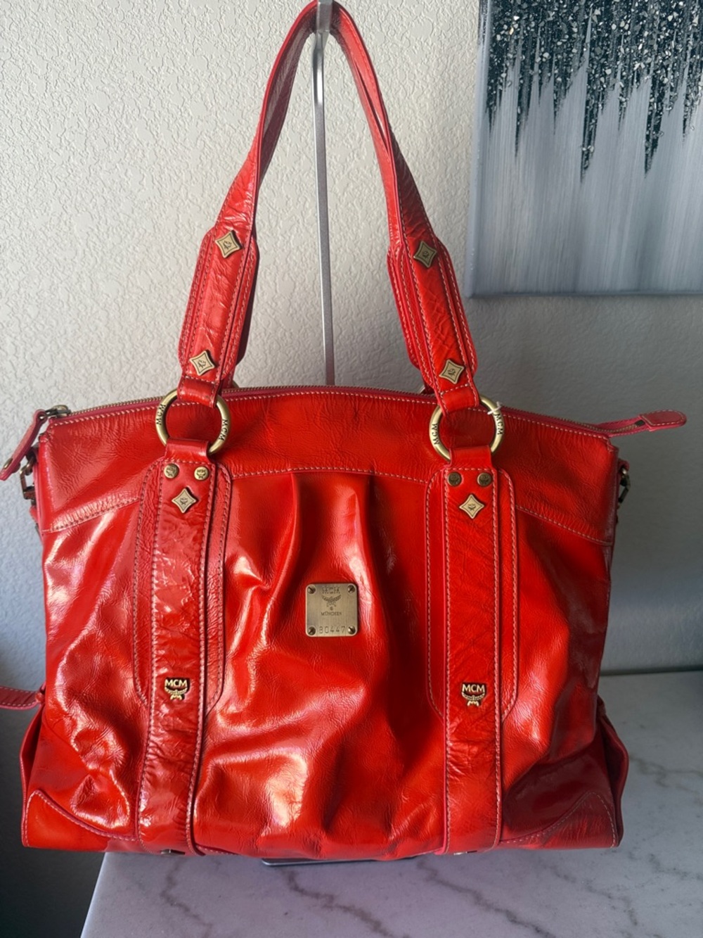 Authentic MCM München Red Patent Leather Satchel w/Crossbody Strap & Dust Bag - Picture 3 of 11
